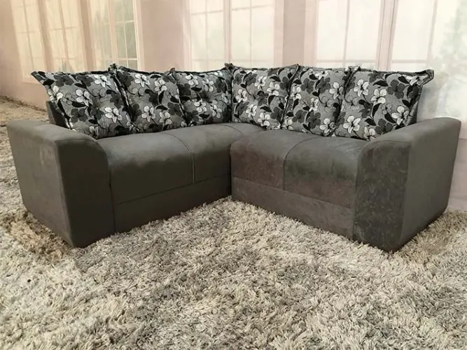 Sofá de Canto Pequeno Suede Cinza 5 lugares Almofadas Soltas 
