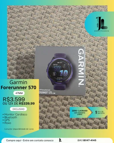 GARMIN FORERUNNER 570, 47MM, ROXO, LACRADO, EXCLUSIVO!