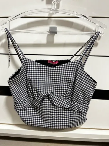 Cropped xadrez azul e branco de alcinha