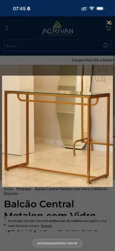 Balcão Central Metalon com Vidro 1,20X0,45 - Dourado