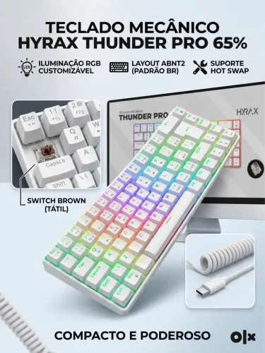 Teclado Mecânico Hyrax Thunder Pro 65% White - Switch Brown / RGB / ABNT2 / Hot-Swap
