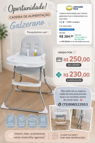 Cadeira de Alimentação Galzerano - Azul menino - Semi Nova