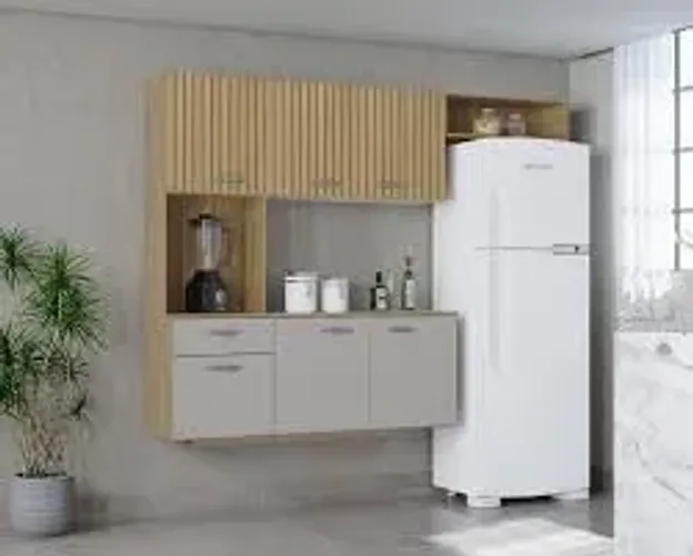 Armário Cozinha Suspensa Isis Damasco Ripado 3D.Off White Poquema - Entrega Rápida!