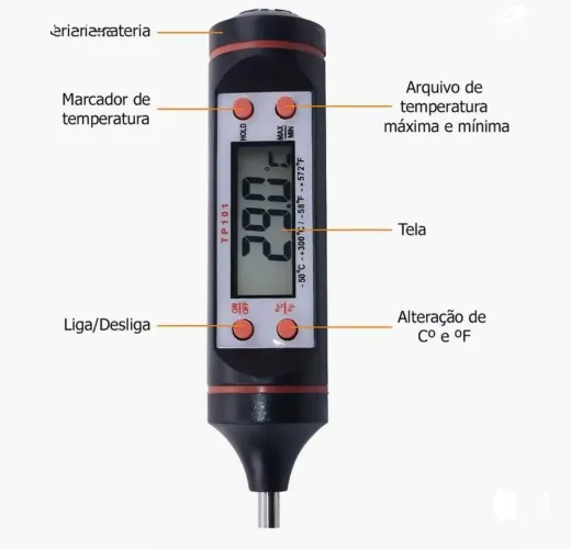 Termometro digital culinario Led eletrônico c/ baterias manual embalagem