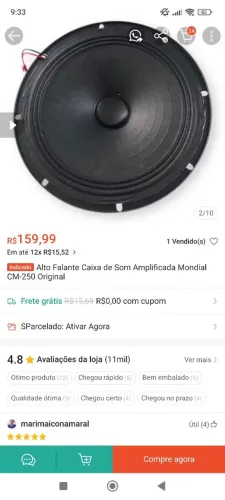 Alto falante 8 polegadas Mondial 