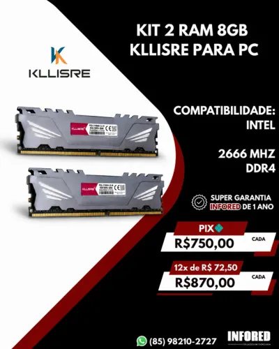 Kit 2 Memórias RAM Kllisre 8GB para Pc