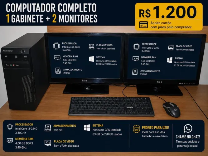 Gabinete, 2 Monitores. Computador ótimo pra quem quer estudar e trabalhar de casa.