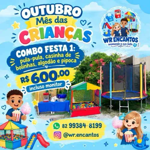 pula-pula, casinha de bolinhas, algodão doce e pipoca