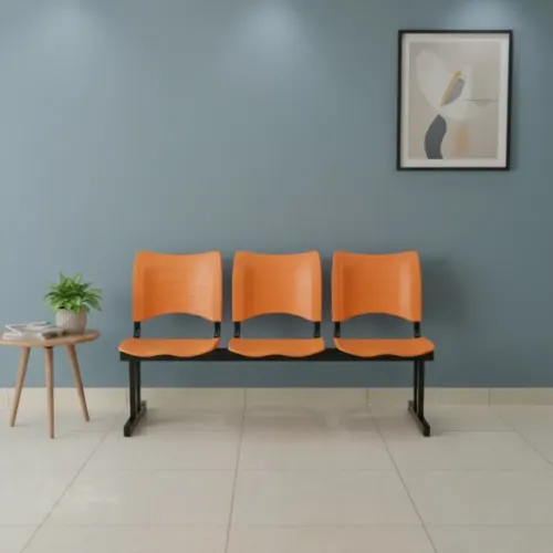 Cadeira Longarina Plástica 3 Lugares Cor Laranja Resistente Conforto Modelo 34205