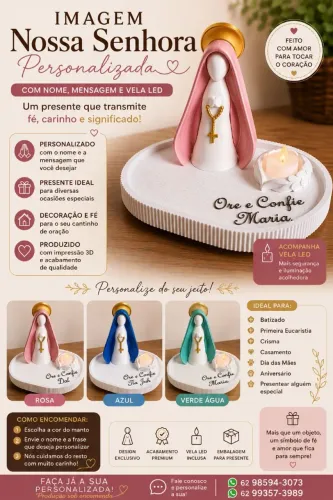 Imagem Nossa Senhora Personalizada em 3D | Presente com Nome + Vela LED