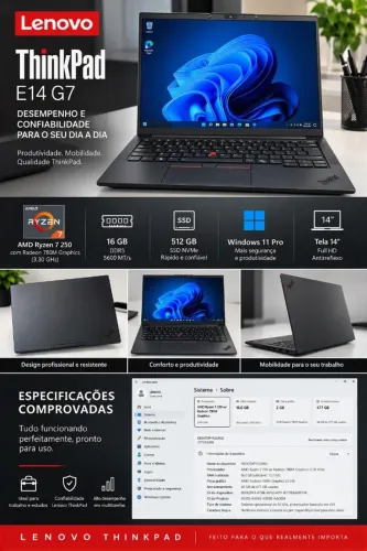 Notebook Lenovo ThinkPad E14 G7 AMD Ryzen 7 250 16GB 512GB SSD