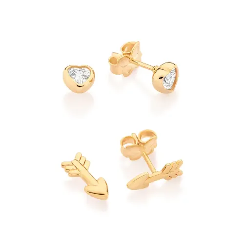 Rommanel - Kit brinco flecha e solitário coração banhado a ouro 18k com zircônias