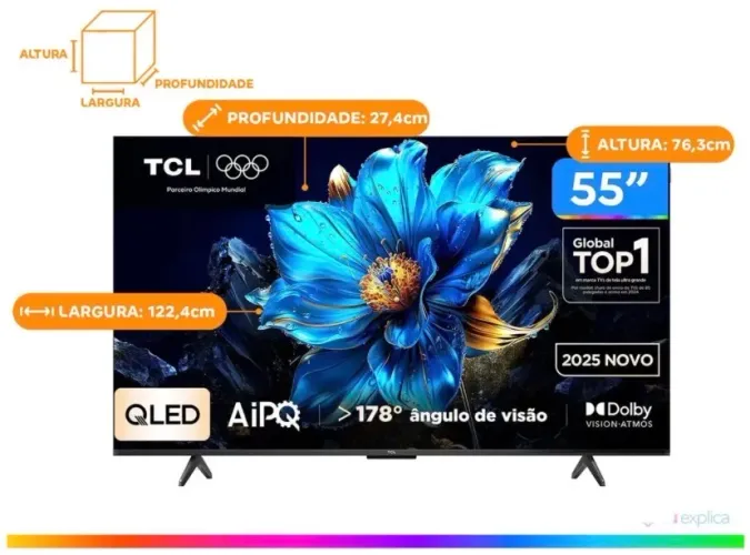 Smart TV 55" TCL 4K UHD QLED 55P7K Google TV AiPQ Google Assistente 3 HDMI 1 USB