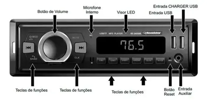 Rádio automotivo Roadstar RS-2605BR Plus.