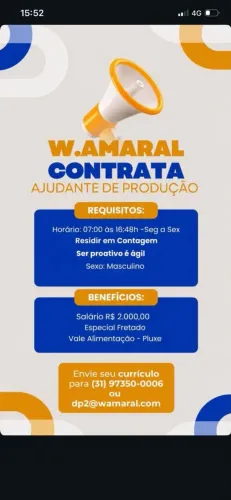 Ajudante de produção diurno/ Noturno