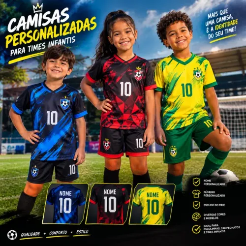 10 Uniformes Personalizados Infantil para Time de Futebol - Camisa + Short / Dry-Fit