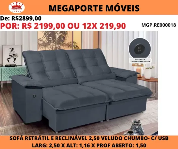 Estofado Canadá Retrátil e Reclinável 2,50 Veludo C/USB