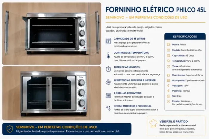 FORNO ELÉTRICO PHILCO 45 LITROS - 02 PORTAS COM ESPETO GIRATÓRIO
