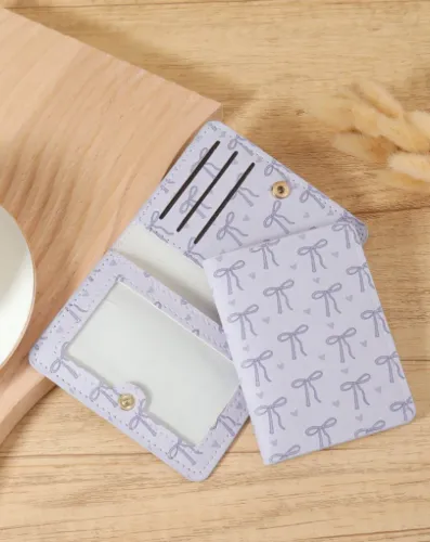 Carteira Mini com Laço Rosa e Estampa de Coração, Porta-Cartões Minimalista da Moda