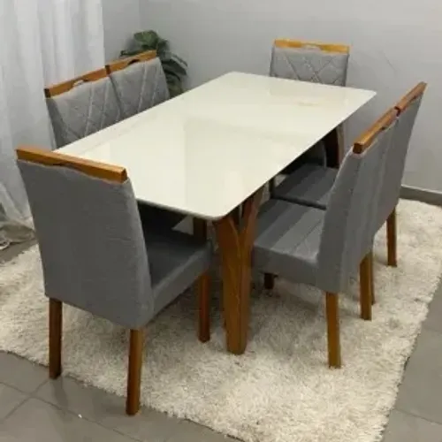 Mesa de Jantar Agata 180x90cm com Vidro e 6 Cadeiras California em Veludo