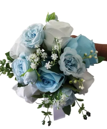 Buquê para Noiva Flores Brancas e Azuis Casamento Civil Pré-Wedding Flores Permanente 02