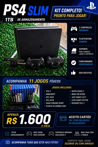 PS4 SLIM com 02 Controles originais a câmera.