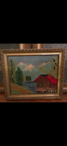 Quadro Antigo Tapeçaria Bordada À Mão Ponto Cruz Cabana Montanha