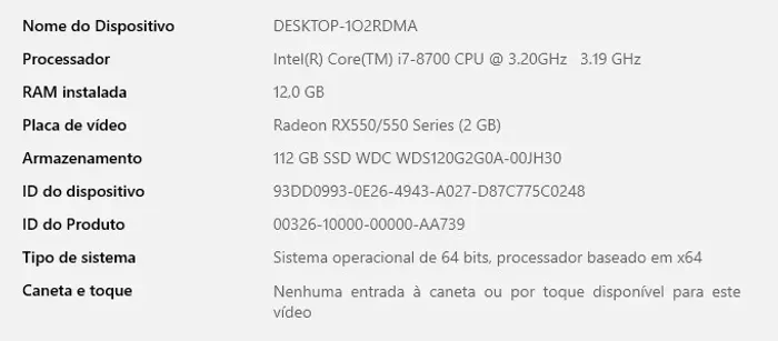 PC Gamer i7-8700 + RX 550 2GB + 12GB RAM + 240GB SSD