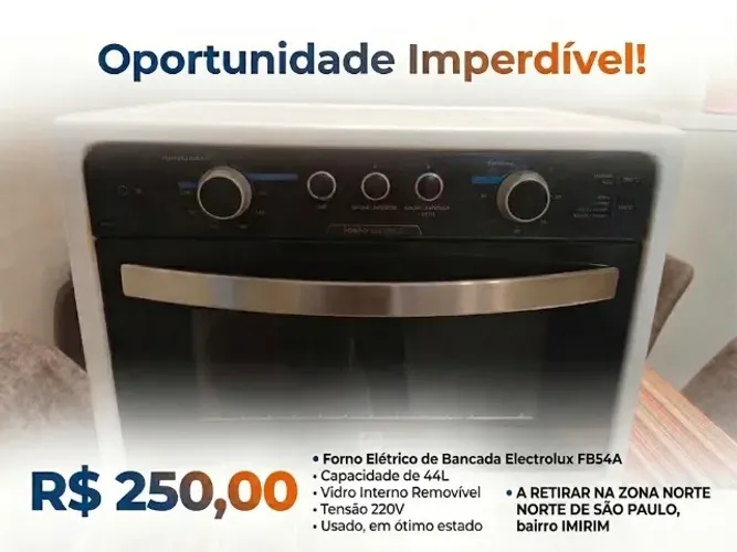 Forno Elétrico ELECTROLUX 220V, de Bancada 44 litros, vidro interno removível, mod FB54A