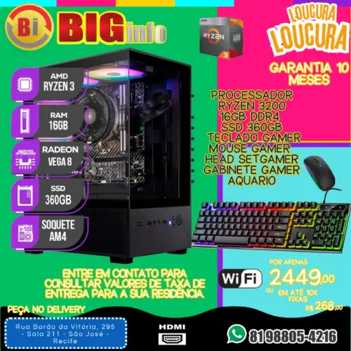 Computador, Ryzen 3 3200G, Radeon vega 8, 16GB DDR4, SSD 360GB, Fonte 500W