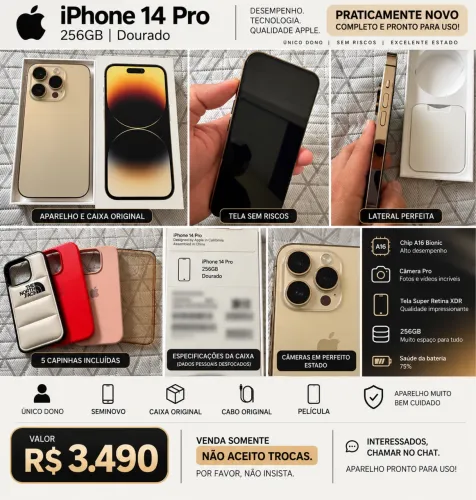 iPhone 14 Pro 256 gb dourado.