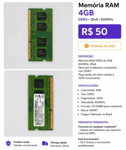 VENDO MEMORIA DE 4GB DDR3 DE NOTEBOOK