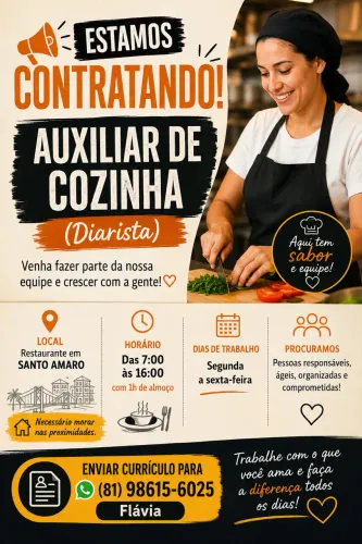 VAGA ABERTA - AUXILIAR DE COZINHA (DIARISTA)