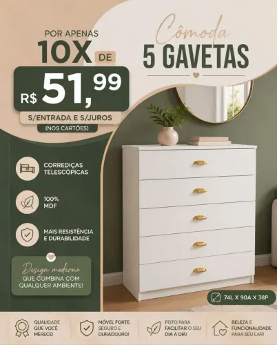 Cômoda 5 gavetas em mdf