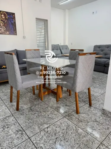 Mesa de jantar 1,20x0,80 Tampo Vidro + 4 Lugares Madeira Maciça