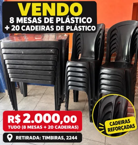 8 MESAS DE PLÁSTICO COM CADEIRAS REFORÇADAS 