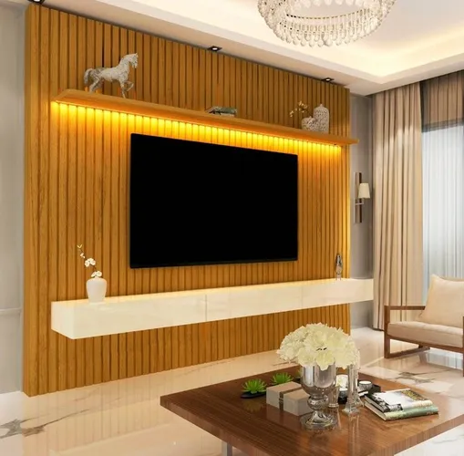 Sala painel ripado de 230 cm pra t.v até 75"