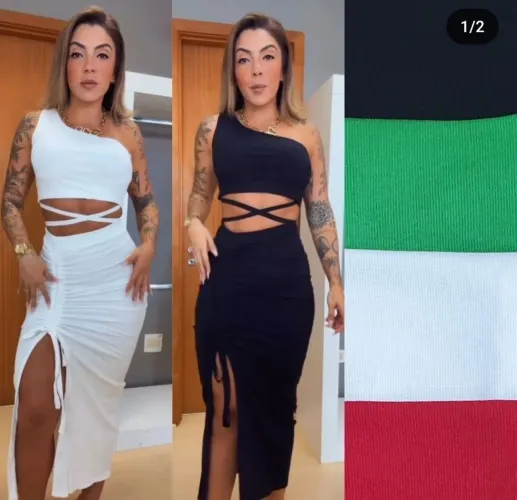 Conjunto cropped um ombro e saia Midi preto, vermelho, verde e branco . médio 