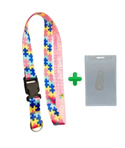 Cordão Autismo Rosa com Porta Crachá