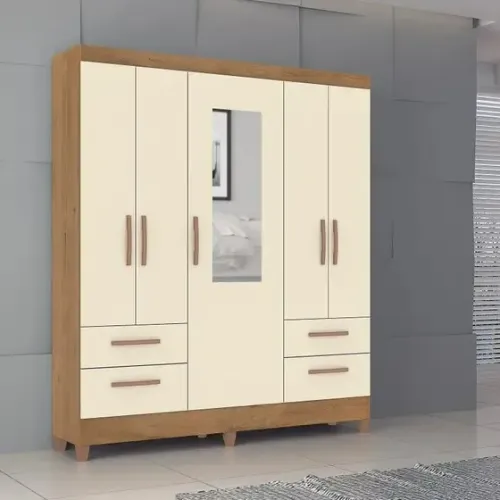 Guarda Roupa Solteiro Esmeralda 5 Portas 4 Gavetas C/Espelho Cores Variadas