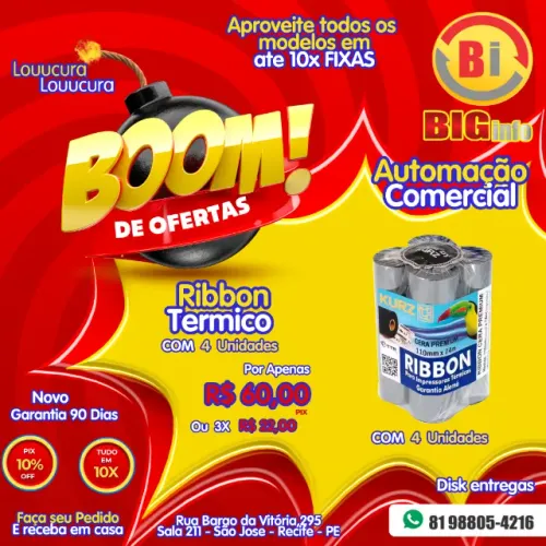 Kit 4 Rolos Ribbon Cera 110x74 Para Impressora Zebra ZD220 / Elgin L42