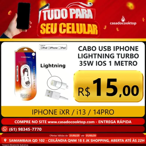 Cabo USB Lightning Turbo Celular iOS 1 Metro iPhone Carga Rápida