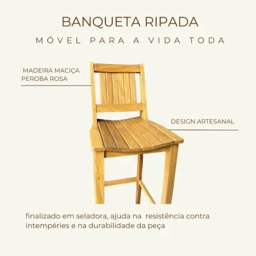 Banqueta Ripada de madeira maciça peroba rosa 110x41x41cm