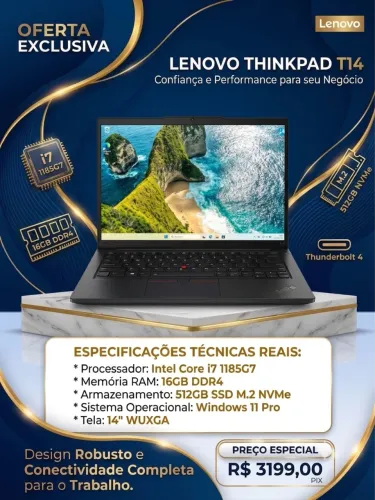 NOTEBOOK LENOVO THINKPAD T14 i7 1185G7 16GB SSD 512GB TELA 14