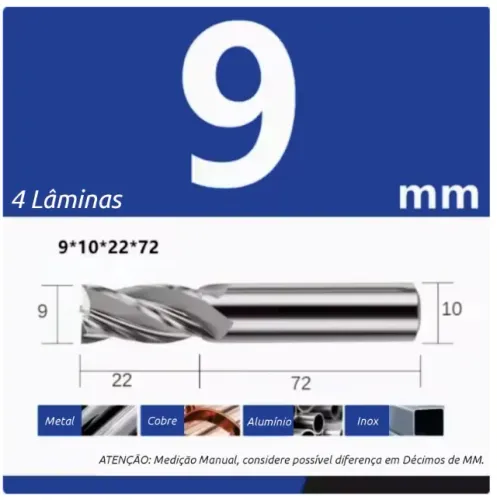 Fresa Topo Reto, Metal Duro, 4 cortes, 9x10x22x72mm