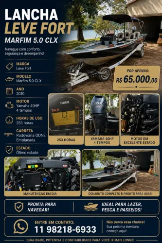 Lancha Leve Fort Marfim 5.0 CLX - Yamaha 40 HP - R$ 65.000 