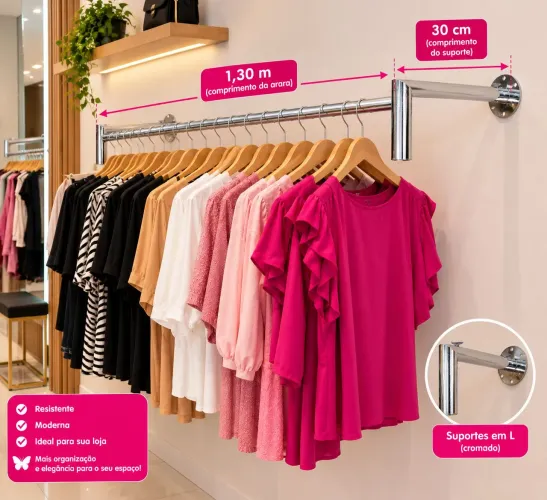 Arara de parede cromada, 1,30m com suportes em L para loja de roupas 