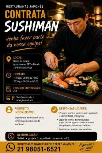 Restaurante Japonês - SUSHIMAN COM EXPERIÊNCIA - 2 vagas (diurna e noturna)