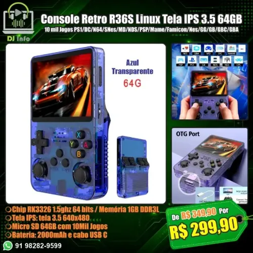 Console Retro R36S Linux Tela IPS 3.5 64GB 10 mil Jogos
