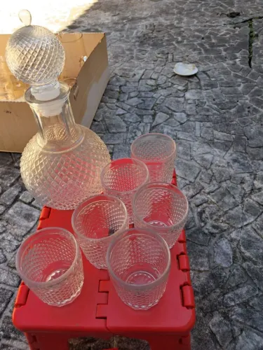Conjunto Antigo Licoreira Bico De Jaca Com Copos Vidro Trabalhado Vintage